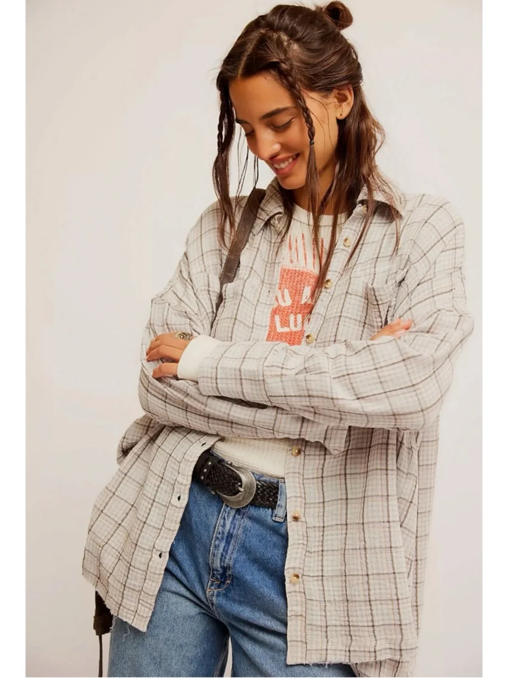 Free People Oversized Bohemian Grunge 90s Fall Cardiff Plaid Top Shirt Large - Picture 2 of 10